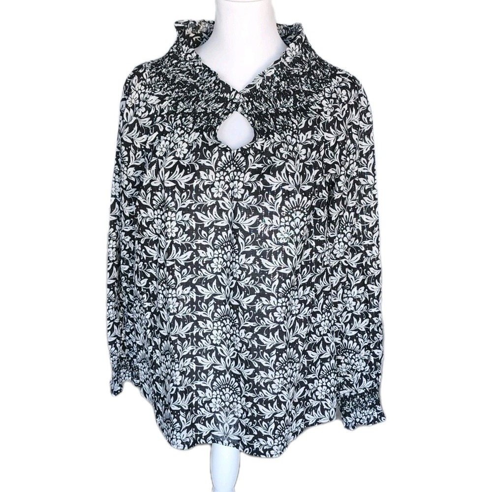 Talbots Blouse Top‎ Womens XL Black White Metallic Shimmer Ruffles Smocking Work